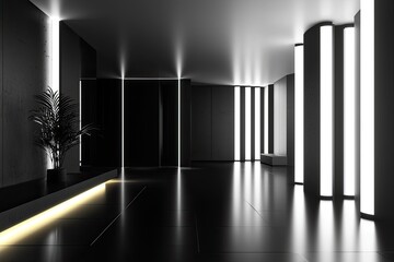 Aufkleber - Abstract black and white interior background with concrete walls, floor, and ceiling, a minimalism concept. Black room interior design of modern architecture in the light from the window