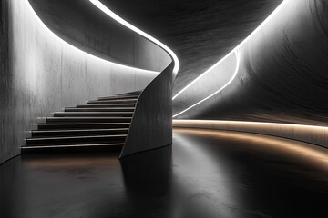 Aufkleber - Abstract black and white interior background with concrete walls, floor, and ceiling, a minimalism concept. Black room interior design of modern architecture in the light from the window