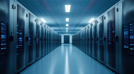  Modern data center, long hallway with rows of network servers, emphasizing power, cooling and connectivity