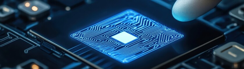 Poster - Finger initiates circuit board activation, exploring the flow of electronic signals and data in technological innovation