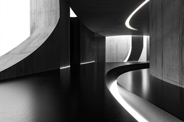 Aufkleber - Abstract black and white interior background with concrete walls, floor, and ceiling, a minimalism concept. Black room interior design of modern architecture in the light from the window