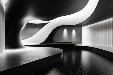 Aufkleber - Abstract black and white interior background with concrete walls, floor, and ceiling, a minimalism concept. Black room interior design of modern architecture in the light from the window