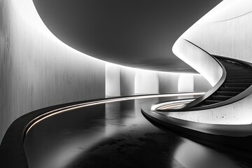 Aufkleber - Abstract black and white interior background with concrete walls, floor, and ceiling, a minimalism concept. Black room interior design of modern architecture in the light from the window