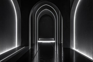 Poster - Abstract black and white interior background with concrete walls, floor, and ceiling, a minimalism concept. Black room interior design of modern architecture in the light from the window