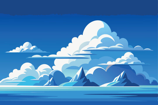 Cartoon white clouds icon set isolated on blue background. Cloudscape in flat style. Blue sky cloud weather symbol. Vector illustration cloudy panorama 
