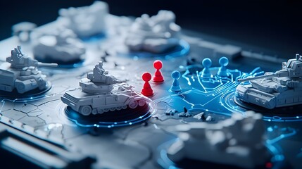 Poster - 3D Map Visualization with Red and Blue Markers, Interactive display showcasing geographical data trends and key locations for analysis and planning