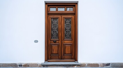 A traditional wooden door with a decorative glass window in the center, set on a white wall.