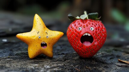 Wall Mural - Funny fruit characters, a yellow star fruit and a red strawberry with exaggerated expressions of surprise or fear, on a dark wooden surface.