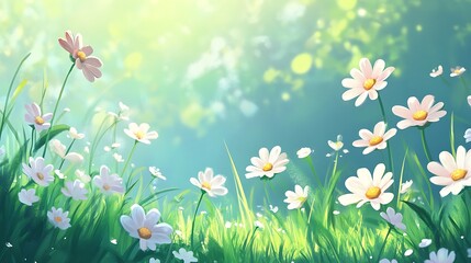 Canvas Print - Sunny meadow with blooming daisies and green grass.