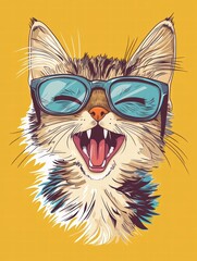  Cool Cat in Shades: A cheerful tabby cat, wearing stylish blue sunglasses, beams with joyous expression.  The illustration features vibrant colors and a playful style. 