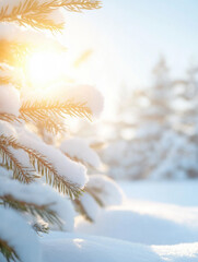 Aufkleber - serene winter scene featuring snow covered pine branches illuminated by sunlight. soft glow enhances tranquil atmosphere