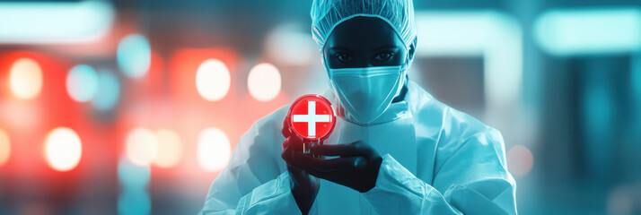 Poster - Healthcare professional in protective gear holding medical symbol, conveying urgency and care in modern setting