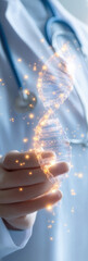 Poster - healthcare professional holds glowing DNA strand, symbolizing genetics and innovation