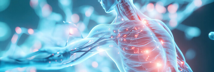 Aufkleber - detailed illustration of human body with glowing nerves and muscles, showcasing anatomy and biology