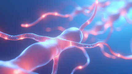 Poster - Neurons with glowing connections in blue background, representing neural activity and communication
