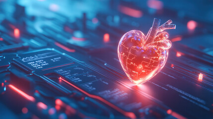 Poster - glowing heart symbolizing technology and health on circuit board