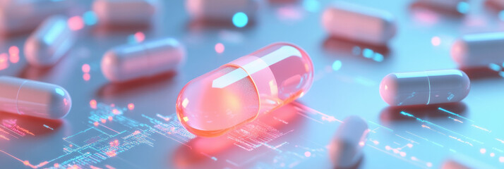 Poster - vibrant capsule surrounded by various pills on digital background, symbolizing health and technology