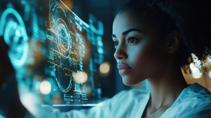 Aufkleber - Young woman interacting with futuristic technology interface, focused and engaged digital innovation, showcasing advanced data visualization