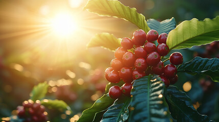 Wall Mural - Sunlit ripe red coffee cherries on branch.