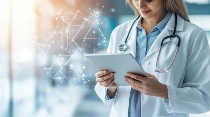 Poster - Female doctor using tablet in modern healthcare environment, showcasing technology and innovation in medicine