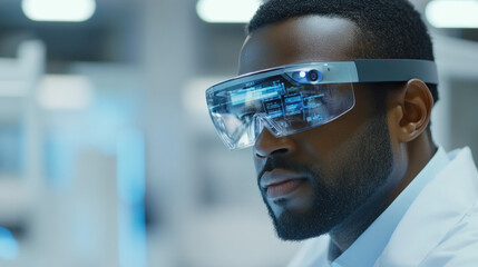 Aufkleber - Innovative man wearing smart glasses in modern laboratory setting