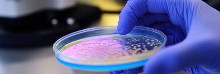 Poster - scientist in blue glove holds petri dish with colorful bacterial cultures