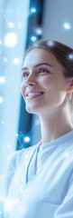 Poster - Smiling woman with bright eyes, surrounded by digital connections, representing innovation and technology