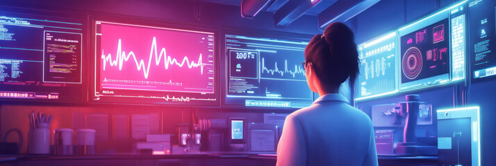 Poster - scientist analyzes data in high tech lab with glowing screens