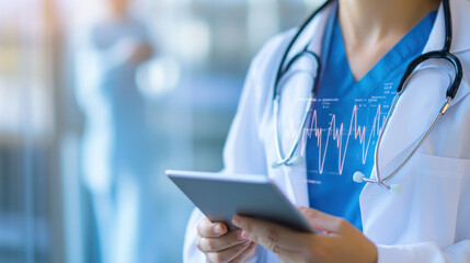 Poster - healthcare professional in blue scrubs holding tablet, with stethoscope around their neck, showcasing medical data