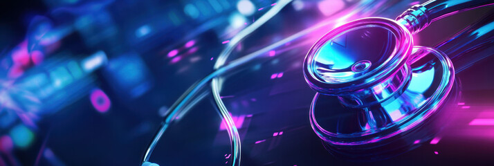 Poster - vibrant stethoscope rests on reflective surface, illuminated by colorful lights, symbolizing healthcare and technology
