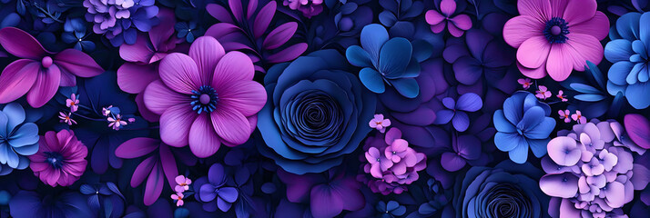 Wall Mural - pattern made of dark purple, blue and violet flowers. natural floral background. greeting card for w