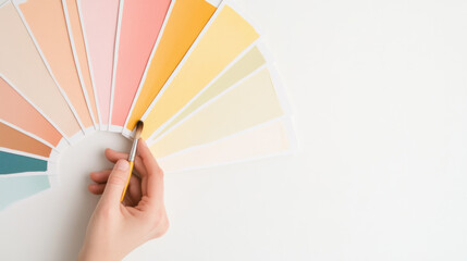 Poster - hand holding paintbrush selects color swatches in pastel shades, showcasing creativity and design