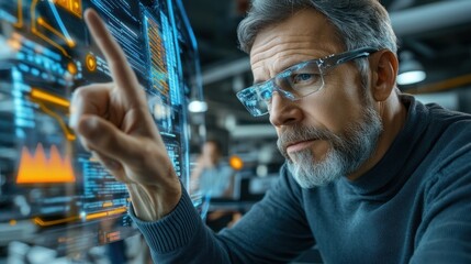 Poster - Senior businessman interacts with digital interface in modern office