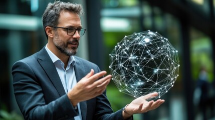Poster - Businessman Presenting Digital Network Sphere in Modern Office