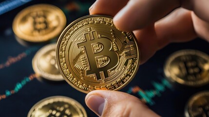 Poster - Close-Up of Hand Holding Bitcoin with Digital Currency Background