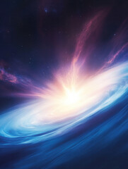 Poster - stunning cosmic scene featuring bright explosion at center of swirling galaxy, with vibrant colors and starry background