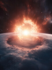 Poster - stunning cosmic explosion illuminates dark space, creating fiery ring around planet. scene captures beauty and power of universe