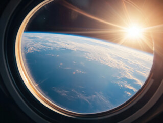 Poster - breathtaking view of Earth from spacecraft window, showcasing clouds and sunlight