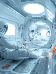 Poster - Astronauts in futuristic spacecraft interior, exploring space together