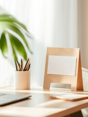 Poster - stylish workspace featuring blank card holder, potted plant, and stationery. Perfect for creative inspiration and organization