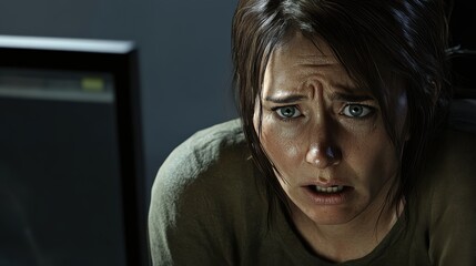 Poster - Astonished Woman Gazes at Computer Screen in Modern Workspace Surrounded by Soft Natural Light and Minimalist Decor