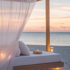 Poster - serene beachside setting with cozy bed, soft curtains, and candles, perfect for relaxation