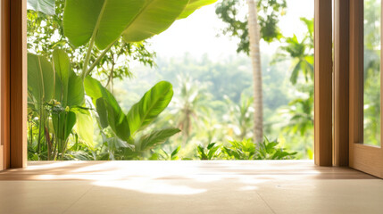 Poster - serene view of lush greenery through open doorway, inviting nature inside