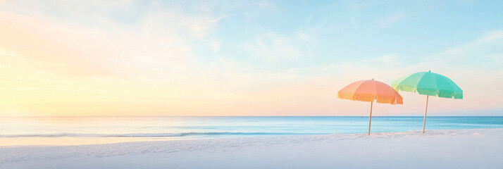 Poster - Sunset beach scene with colorful umbrellas on sand, creating serene atmosphere