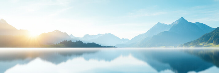 Poster - Breathtaking landscape featuring serene lake, mountains, and sunrise