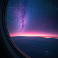 Poster - stunning view of Milky Way galaxy from airplane window, showcasing vibrant colors and stars. horizon glows with beautiful gradient