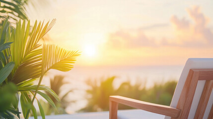 Poster - serene sunset view with wooden chair and tropical plants, evoking relaxation and tranquility