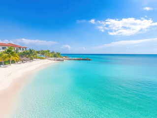 Poster - serene beach with clear turquoise water, palm trees, and sunny sky