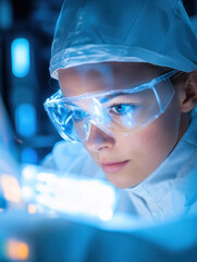 Poster - focused woman in protective gear works with advanced technology in lab