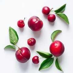 Wall Mural - Ripe red plums with leaves on white background. Flat lay, top view